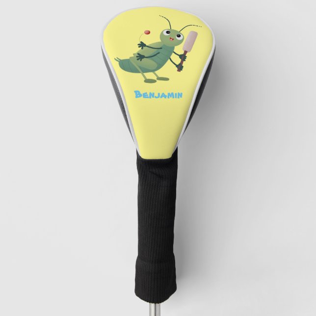 Cute green cricket insect cartoon illustration golf head cover (Front)
