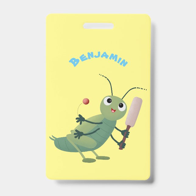 Cute green cricket insect cartoon illustration ID badge (Front)