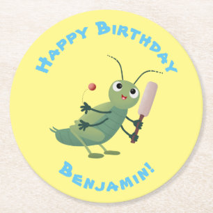 Cute green cricket insect cartoon illustration round paper coaster