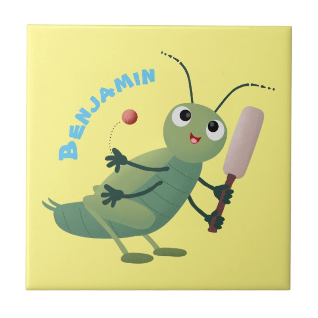Cute green cricket insect cartoon illustration tile (Front)