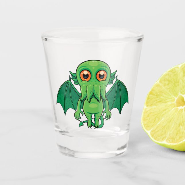 Cute Green Cthulhu Monster Shot Glass (Front)