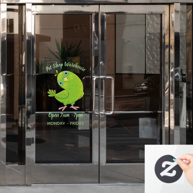 Cute green curious parakeet cartoon illustration (Office Door)