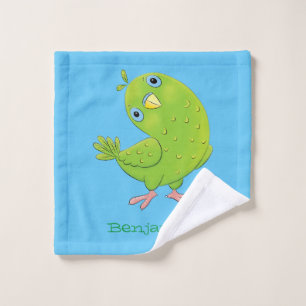 Cute green curious parakeet cartoon illustration bath towel set