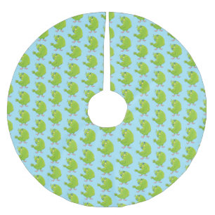 Cute green curious parakeet cartoon illustration brushed polyester tree skirt