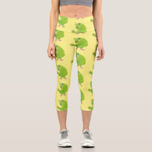 Cute green curious parakeet cartoon illustration capri leggings