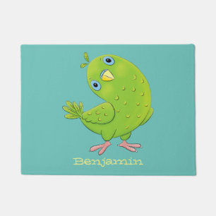 Cute green curious parakeet cartoon illustration doormat