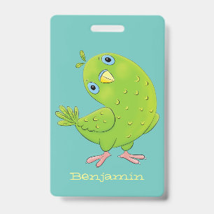 Cute green curious parakeet cartoon illustration ID badge