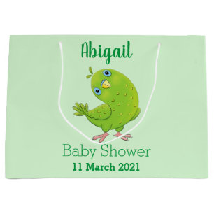 Cute green curious parakeet cartoon illustration large gift bag