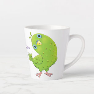 Cute green curious parakeet cartoon illustration latte mug