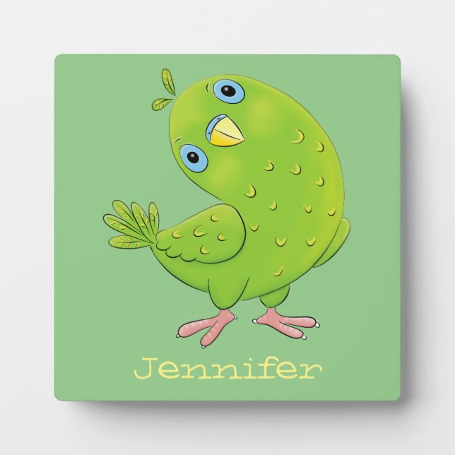 Cute green curious parakeet cartoon illustration plaque (Front)
