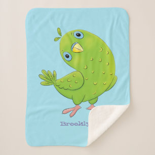 Cute green curious parakeet cartoon illustration sherpa blanket