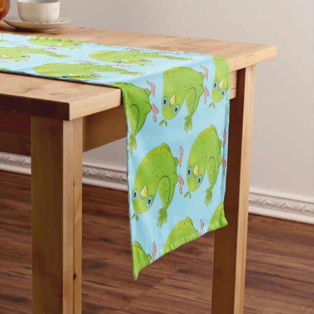 Cute green curious parakeet cartoon illustration short table runner (In Situ)