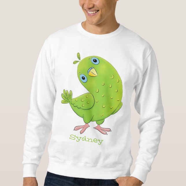 Cute green curious parakeet cartoon illustration sweatshirt (Front)
