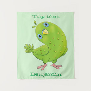 Cute green curious parakeet cartoon illustration tapestry