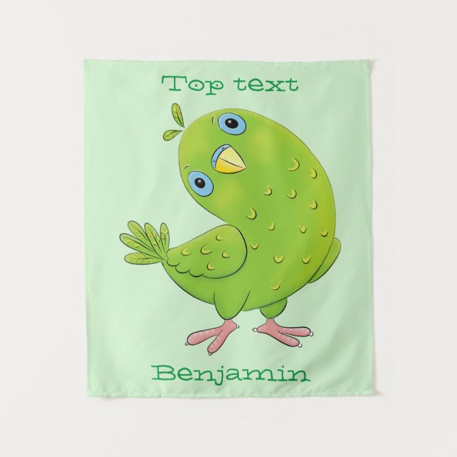 Cute green curious parakeet cartoon illustration tapestry (Front)