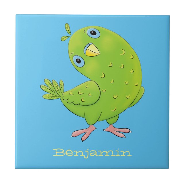 Cute green curious parakeet cartoon illustration tile (Front)