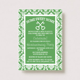 Cute Green Damask Home Sweet Home Housewarming Invitation