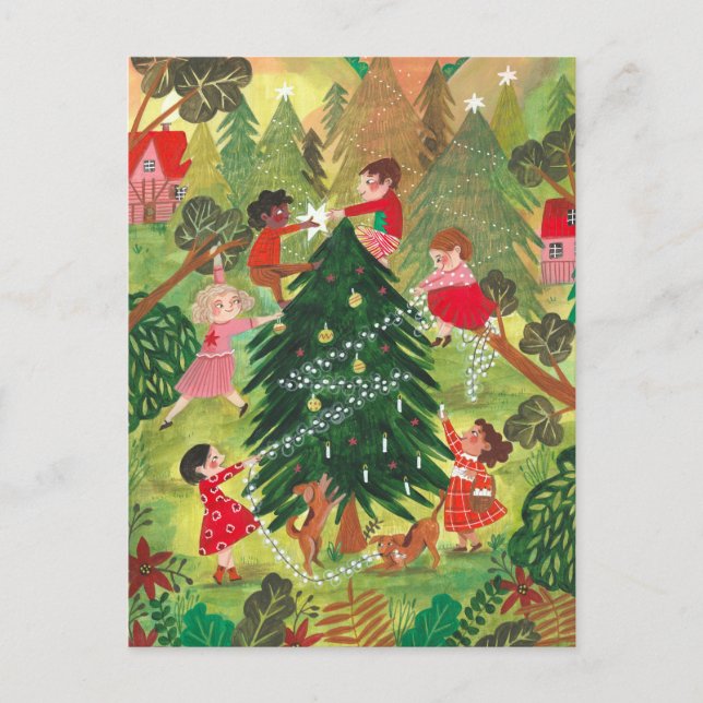 Cute green decorated Christmas tree children Holid Holiday Postcard (Front)