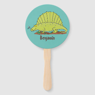 Cute green dimetrodon cartoon illustration hand fan