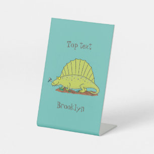 Cute green dimetrodon cartoon illustration pedestal sign