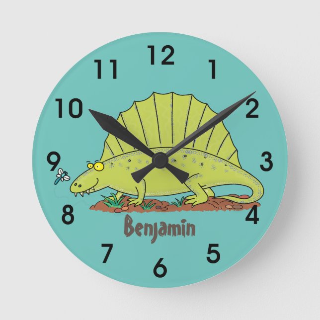Cute green dimetrodon cartoon illustration round clock (Front)