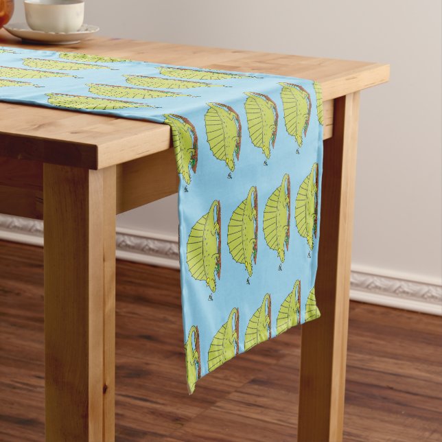 Cute green dimetrodon cartoon illustration short table runner (In Situ)