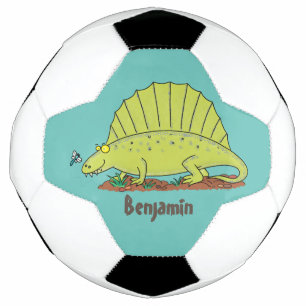 Cute green dimetrodon cartoon illustration soccer ball