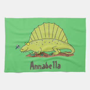 Cute green dimetrodon cartoon illustration tea towel
