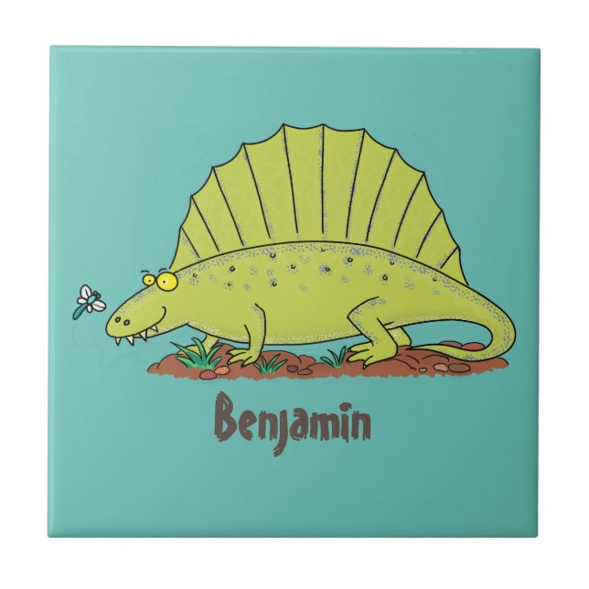 Cute green dimetrodon cartoon illustration tile (Front)