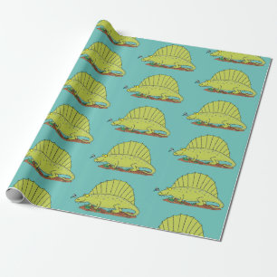 Cute green dimetrodon cartoon illustration wrapping paper