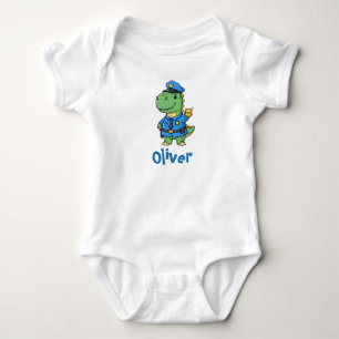Cute Green Dino Cop with Badge Baby Bodysuit