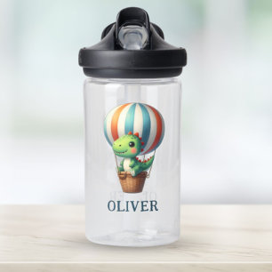 Cute Green Dino Flight in a Hot Air Balloon Water Bottle