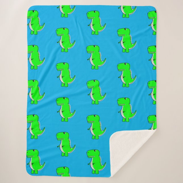 Cute Green Dino T-Rex On Blue Sherpa Blanket (Front)