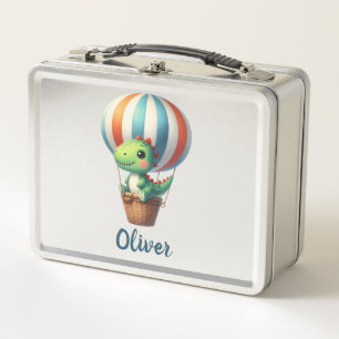 Cute Green Dino Takes Flight in a Hot Air Balloon Metal Lunch Box