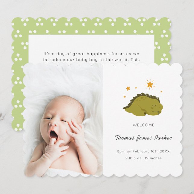 Cute Green Dinosaur Baby Birth Announcement (Front/Back)