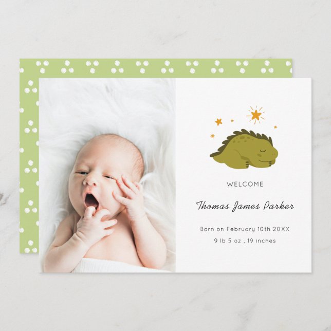 Cute Green Dinosaur Baby Photo Birth Announcement (Front/Back)