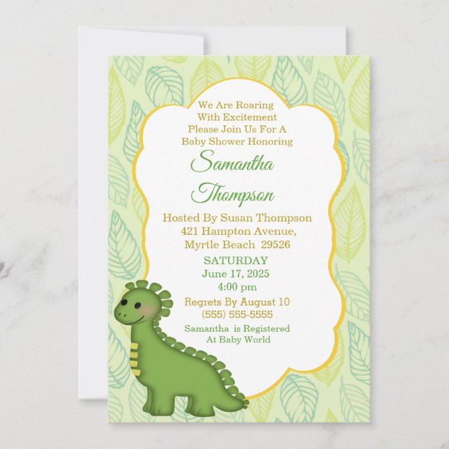 Cute Green Dinosaur Baby Shower Invitation (Front)
