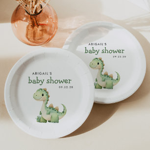 Cute Green Dinosaur Baby Shower Paper Plate