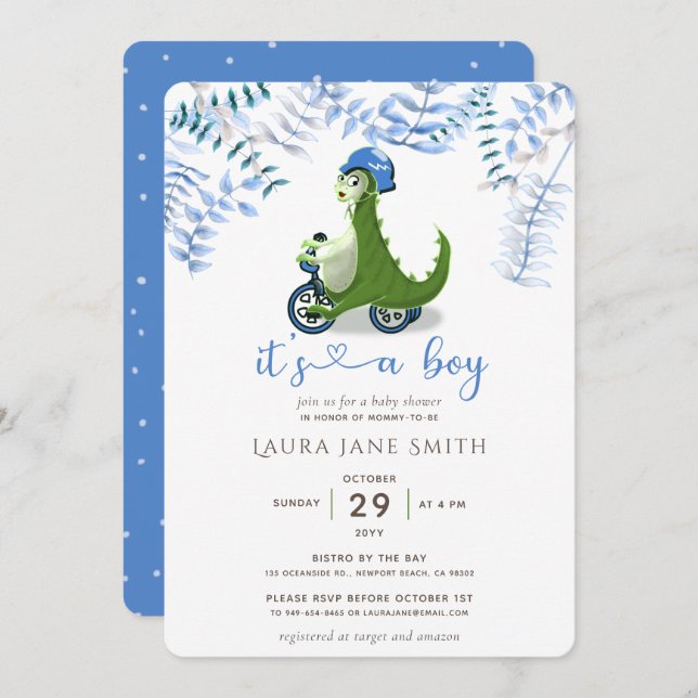 Cute Green Dinosaur Blue Trike Boy Baby Shower Invitation (Front/Back)