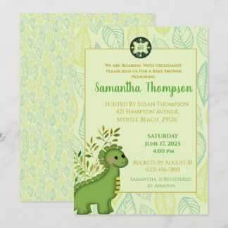 Cute Green Dinosaur Boy Baby Shower Invitation