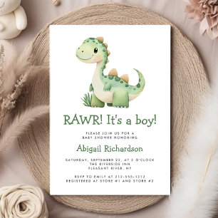 Cute Green Dinosaur Boy Baby Shower Invitation