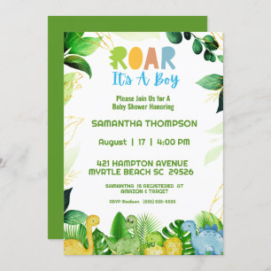 Cute Green Dinosaur Boys Baby Shower Invitation