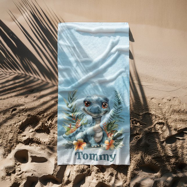 Cute Green Dinosaur Cloud Sky Boy Beach Towel (Creator Uploaded)