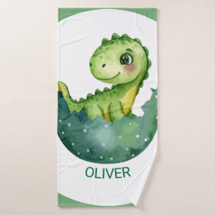Cute Green Dinosaur Custom Watercolor Pastel Bath Towel