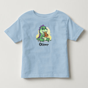  Cute Green Dinosaur Eating Pizza Pizzasaurus Rex  Toddler T-Shirt