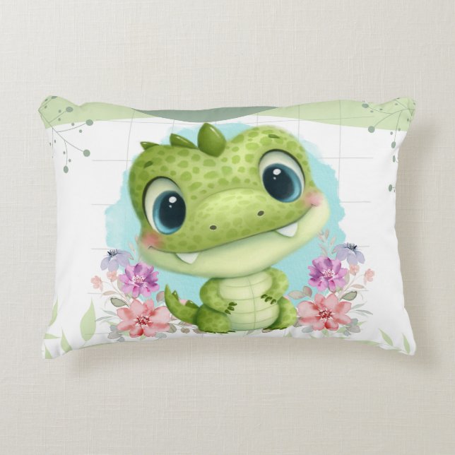 Cute Green Dinosaur Floral Themed Personalised Decorative Cushion (Front)