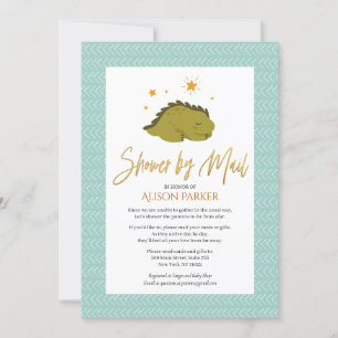 Cute Green Dinosaur Gold Script Shower By Mail Invitation