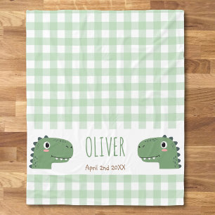 Cute Green Dinosaur Head Gingham Name Birth Fleece Blanket