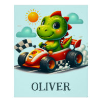 Cute Green Dinosaur in a Race Car