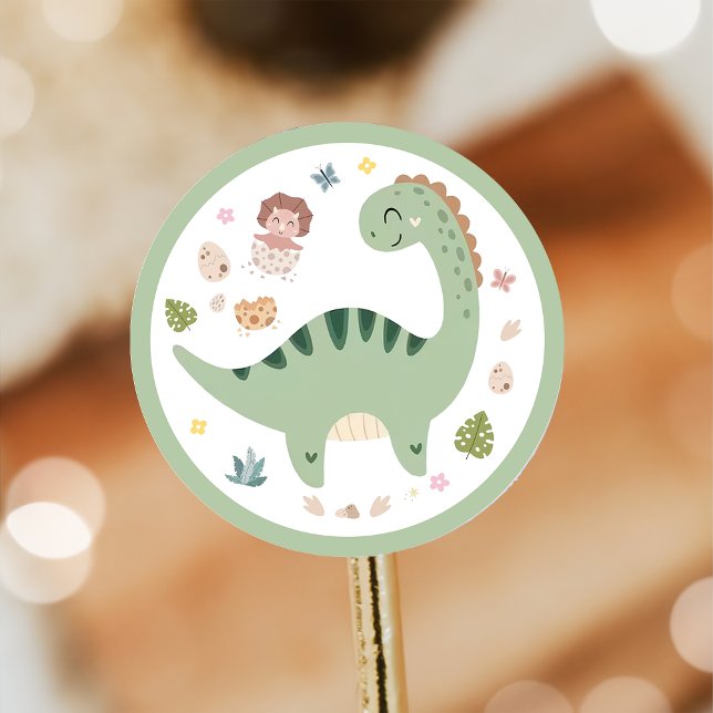 Cute Green Dinosaur Party Classic Round Sticker  (Creator Uploaded)